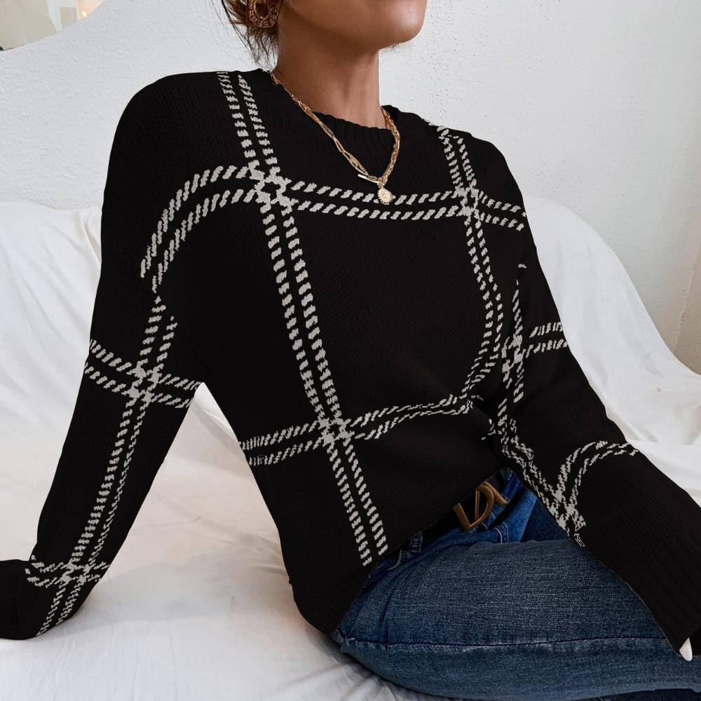 Plaid Pattern Drop Shoulder Sweater - Picture 2 of 4